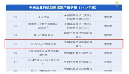 重磅！半固態電池入選中央企業科技創新成果產品手冊